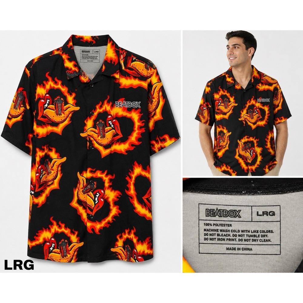 Flame‎ Print Short Sleeve Button Down Shirt Mens L Black Beatbox Y2K Feel Tongue
